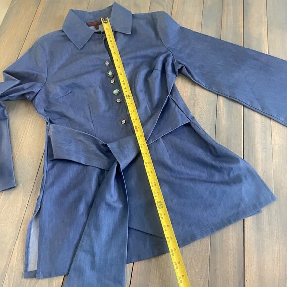 Mishca Blue Long Sleeve Shirt Dress w/Belt & Turquoise Ornate Buttons Size 8(MM) - Picture 5 of 9